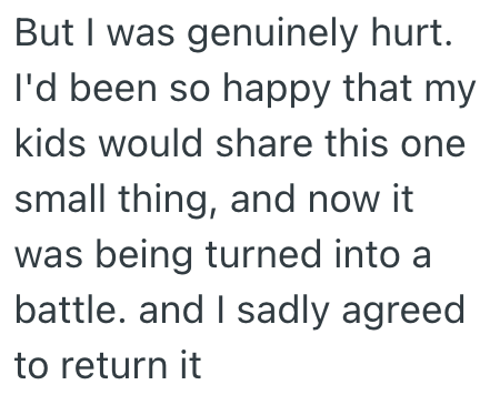 But I was genuinely hurt. I'd been so happy that my kids would share this one small thing, and now it was being turned into a battle. and I sadly agreed to return it