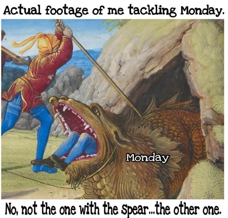 Actual footage of me tackling Monday. Monday No, not the one with the Spear... the other one.