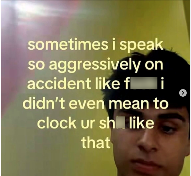 sometimes i speak so aggressively on accident like fi didn't even mean to clock ur sh like that