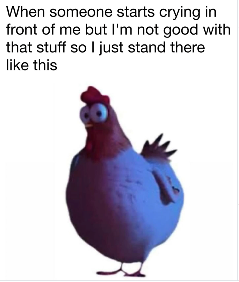 When someone starts crying in front of me but I'm not good with that stuff so I just stand there like this