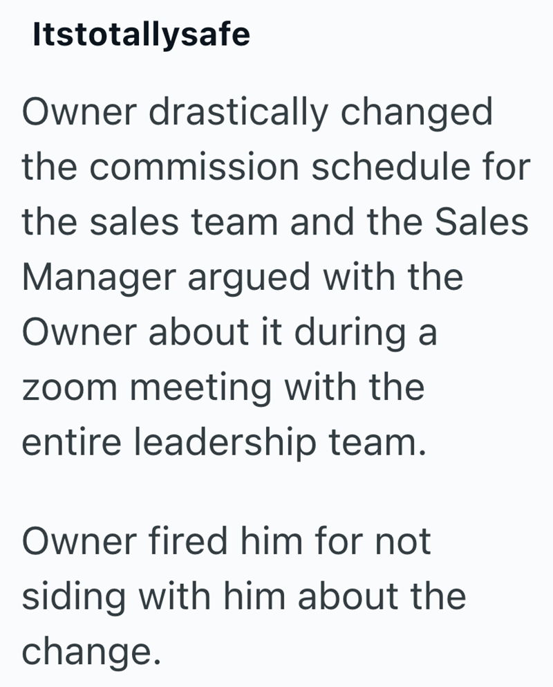 Itstotallysafe Owner drastically changed the commission schedule for the sales team and the Sales Manager argued with the Owner about it during a zoom meeting with the entire leadership team. Owner fired him for not siding with him about the change.