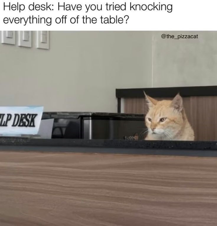 Help desk: Have you tried knocking everything off of the table? LP DESK P. 10E-00 @the_pizzacat