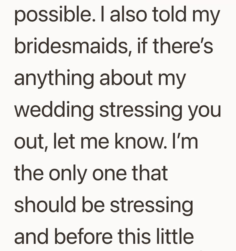 possible. I also told my bridesmaids, if there's anything about my wedding stressing you out, let me know. I'm the only one that should be stressing and before this little