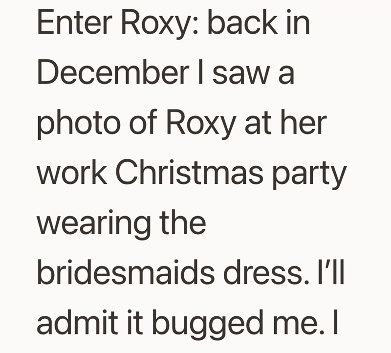 Enter Roxy: back in December I saw a photo of Roxy at her work Christmas party wearing the bridesmaids dress. I'll admit it bugged me. I