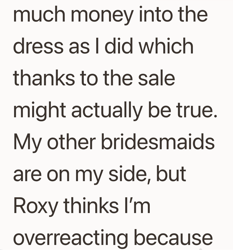 much money into the dress as I did which thanks to the sale might actually be true. My other bridesmaids are on my side, but Roxy thinks I'm overreacting because