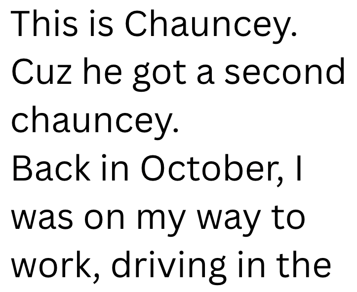 This is Chauncey. Cuz he got a second chauncey. Back in October, I was on my way to work, driving in the