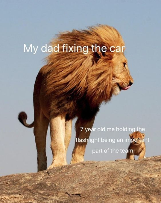 My dad fixing the car 7 year old me holding the flashlight being an important part of the team