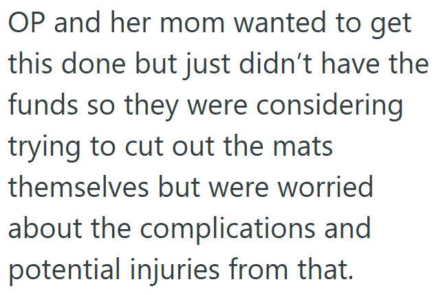 OP and her mom wanted to get this done but just didn't have the funds so they were considering trying to cut out the mats themselves but were worried about the complications and potential injuries from that.