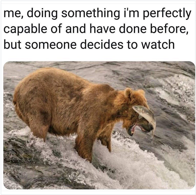me, doing something i'm perfectly capable of and have done before, but someone decides to watch