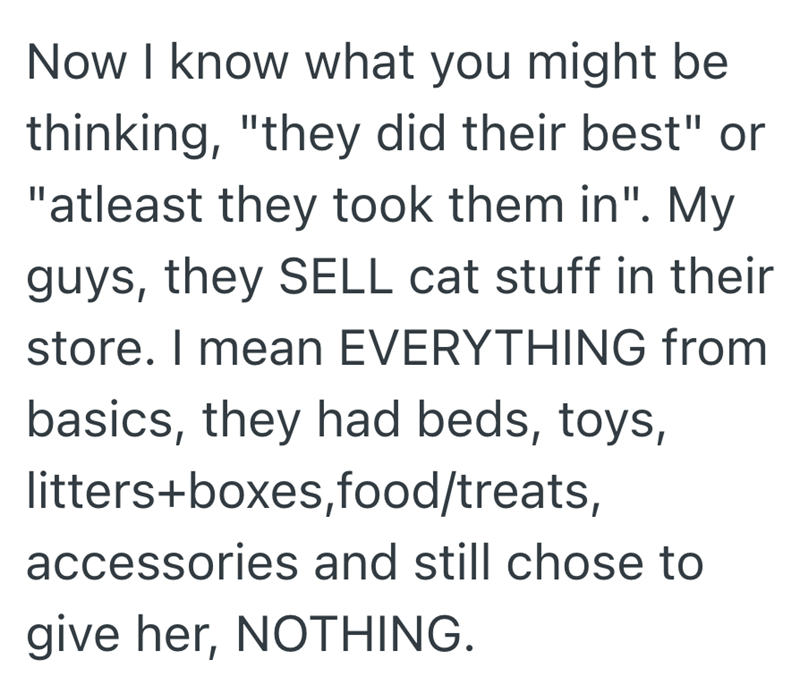 Now I know what you might be thinking, "they did their best" or "atleast they took them in". My guys, they SELL cat stuff in their store. I mean EVERYTHING from basics, they had beds, toys, litters+boxes,food/treats, accessories and still chose to give her, NOTHING.