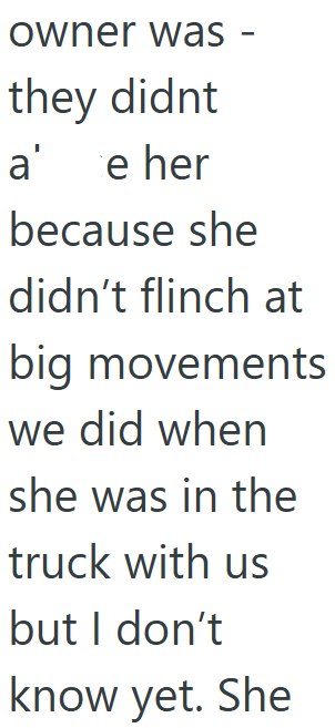 owner was - they didnt a' e her because she didn't flinch at big movements we did when she was in the truck with us but I don't know yet. She