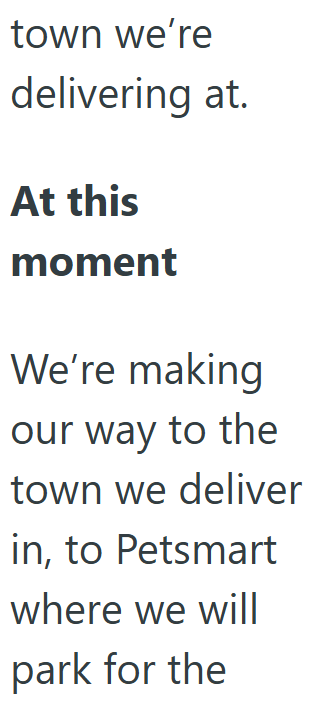 town we're delivering at. At this moment We're making our way to the town we deliver in, to Petsmart where we will park for the