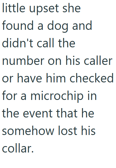 little upset she found a dog and didn't call the number on his caller or have him checked for a microchip in the event that he somehow lost his collar.
