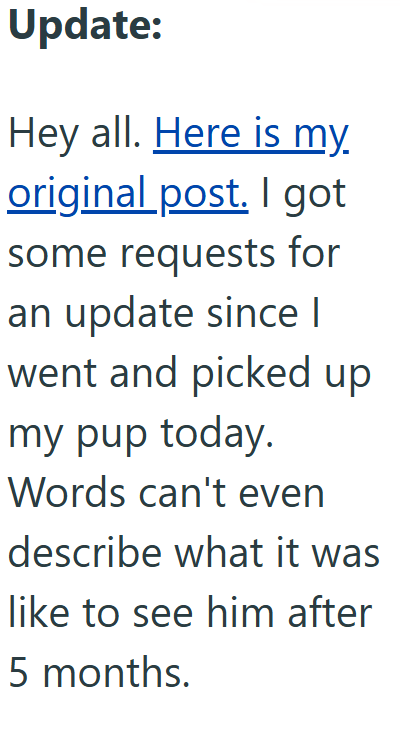 Update: Hey all. Here is my original post. I got some requests for an update since I went and picked up my pup today. Words can't even describe what it was like to see him after 5 months.