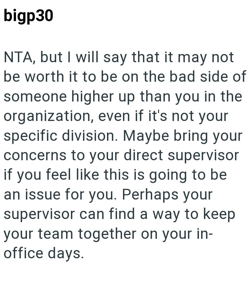 bigp30 NTA, but I will say that it may not be worth it to be on the bad side of someone higher up than you in the organization, even if it's not your specific division. Maybe bring your concerns to your direct supervisor if you feel like this is going to be an issue for you. Perhaps your supervisor can find a way to keep your team together on your in- office days.
