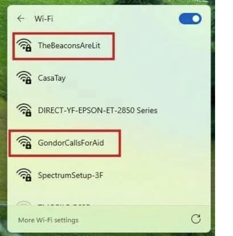 ← Wi-Fi The BeaconsAreLit Casa Tay DIRECT-YF-EPSON-ET-2850 Series GondorCallsForAid SpectrumSetup-3F More Wi-Fi settings C
