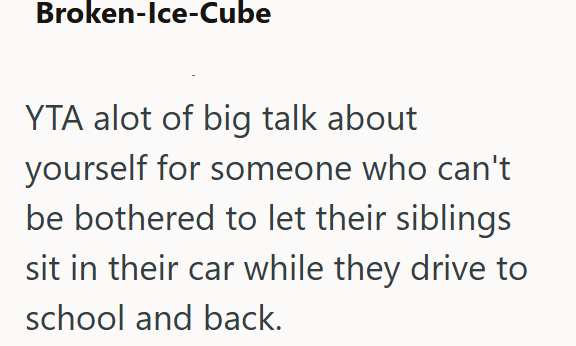 Broken-Ice-Cube YTA alot of big talk about yourself for someone who can't be bothered to let their siblings sit in their car while they drive to school and back.
