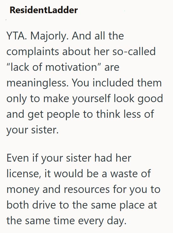 ResidentLadder YTA. Majorly. And all the complaints about her so-called “lack of motivation” are meaningless. You included them only to make yourself look good and get people to think less of your sister. Even if your sister had her license, it would be a waste of money and resources for you to both drive to the same place at the same time every day.