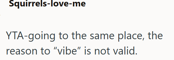 Squirrels-love-me YTA-going to the same place, the reason to "vibe" is not valid.