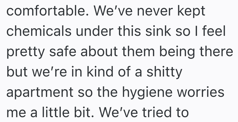 comfortable. We've never kept chemicals under this sink so I feel pretty safe about them being there but we're in kind of a shitty apartment so the hygiene worries me a little bit. We've tried to