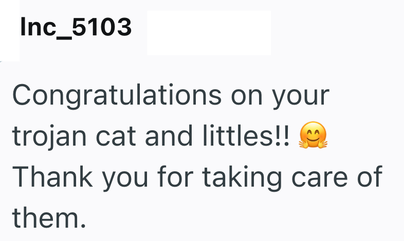 Inc_5103 Congratulations on your trojan cat and littles!! Thank you for taking care of them.