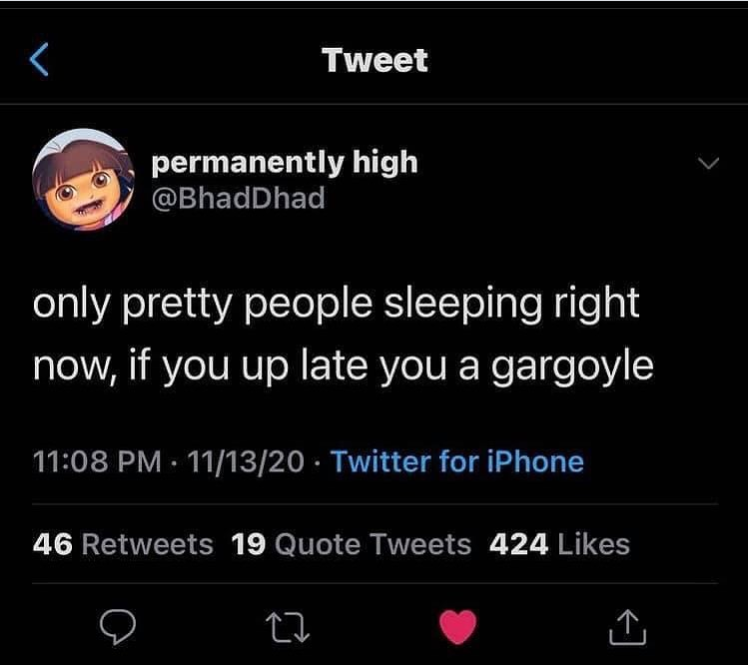 < Tweet permanently high @BhadDhad only pretty people sleeping right now, if you up late you a gargoyle 11:08 PM 11/13/20 Twitter for iPhone 46 Retweets 19 Quote Tweets 424 Likes 17 L
