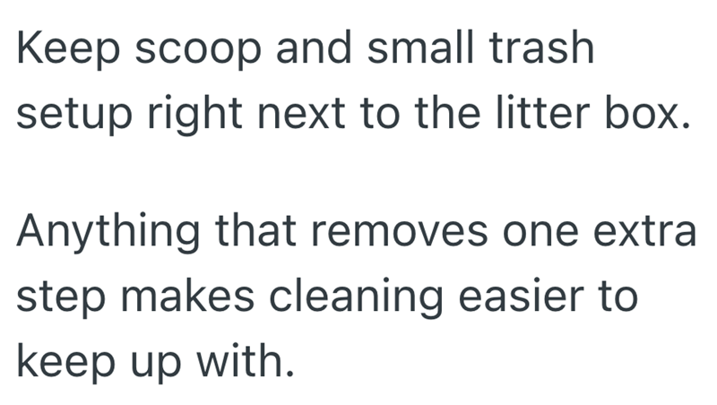 Keep scoop and small trash setup right next to the litter box. Anything that removes one extra step makes cleaning easier to keep up with.