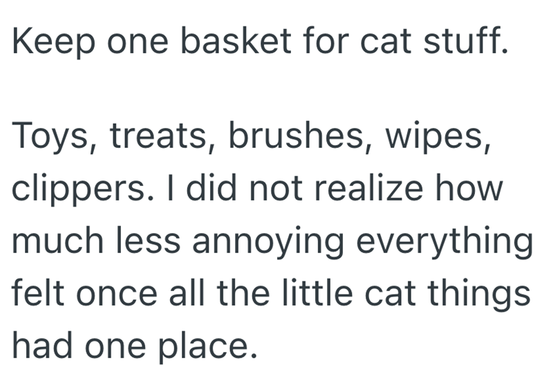 Keep one basket for cat stuff. Toys, treats, brushes, wipes, clippers. I did not realize how much less annoying everything felt once all the little cat things had one place.