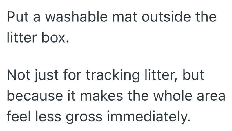 Put a washable mat outside the litter box. Not just for tracking litter, but because it makes the whole area feel less gross immediately.