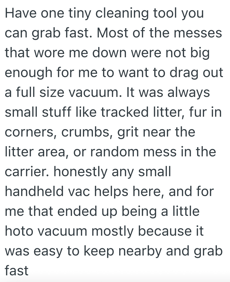 Have one tiny cleaning tool you can grab fast. Most of the messes that wore me down were not big enough for me to want to drag out a full size vacuum. It was always small stuff like tracked litter, fur in corners, crumbs, grit near the litter area, or random mess in the carrier. honestly any small handheld vac helps here, and for me that ended up being a little hoto vacuum mostly because it was easy to keep nearby and grab fast