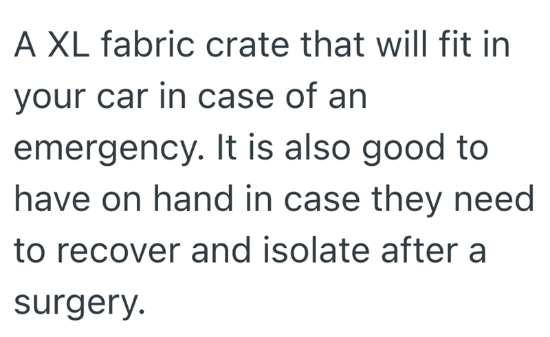 A XL fabric crate that will fit in your car in case of an emergency. It is also good to have on hand in case they need to recover and isolate after a surgery.