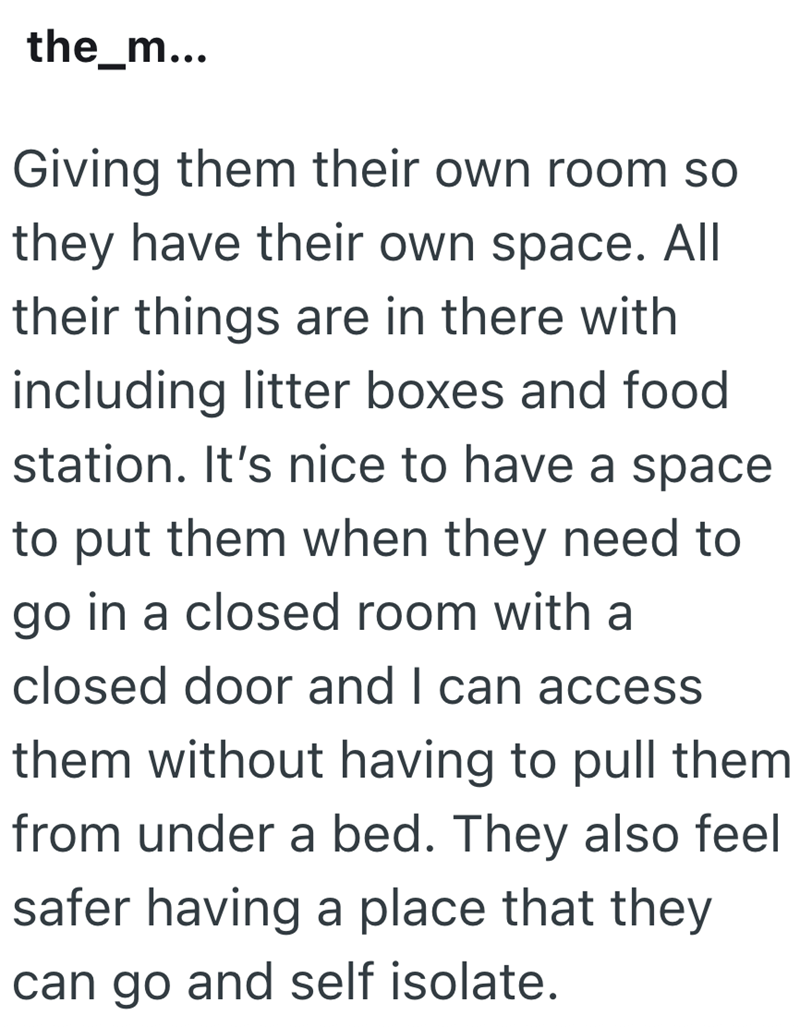 the_m... Giving them their own room so they have their own space. All their things are in there with including litter boxes and food station. It's nice to have a space to put them when they need to go in a closed room with a closed door and I can access them without having to pull them from under a bed. They also feel safer having a place that they can go and self isolate.