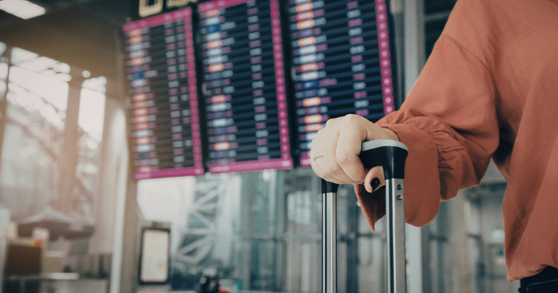 Person holding luggage at airport departure board