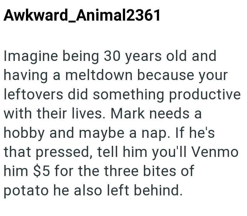 Awkward_Animal2361 Imagine being 30 years old and having a meltdown because your leftovers did something productive with their lives. Mark needs a hobby and maybe a nap. If he's that pressed, tell him you'll Venmo him $5 for the three bites of potato he also left behind.