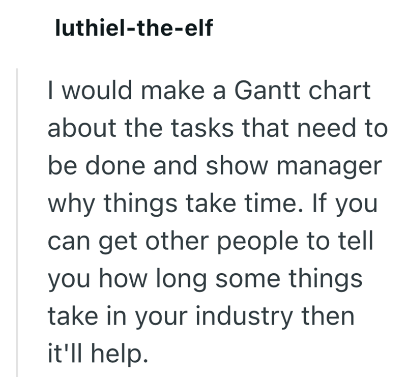 luthiel-the-elf I would make a Gantt chart about the tasks that need to be done and show manager why things take time. If you can get other people to tell you how long some things. take in your industry then it'll help.