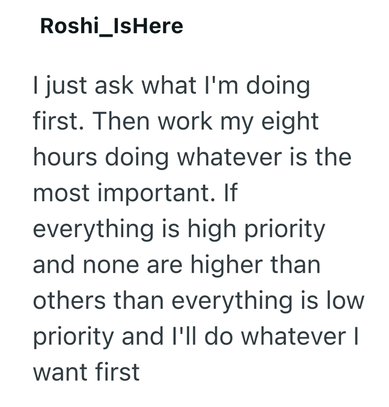 Roshi_IsHere I just ask what I'm doing first. Then work my eight hours doing whatever is the most important. If everything is high priority and none are higher than others than everything is low priority and I'll do whatever I want first