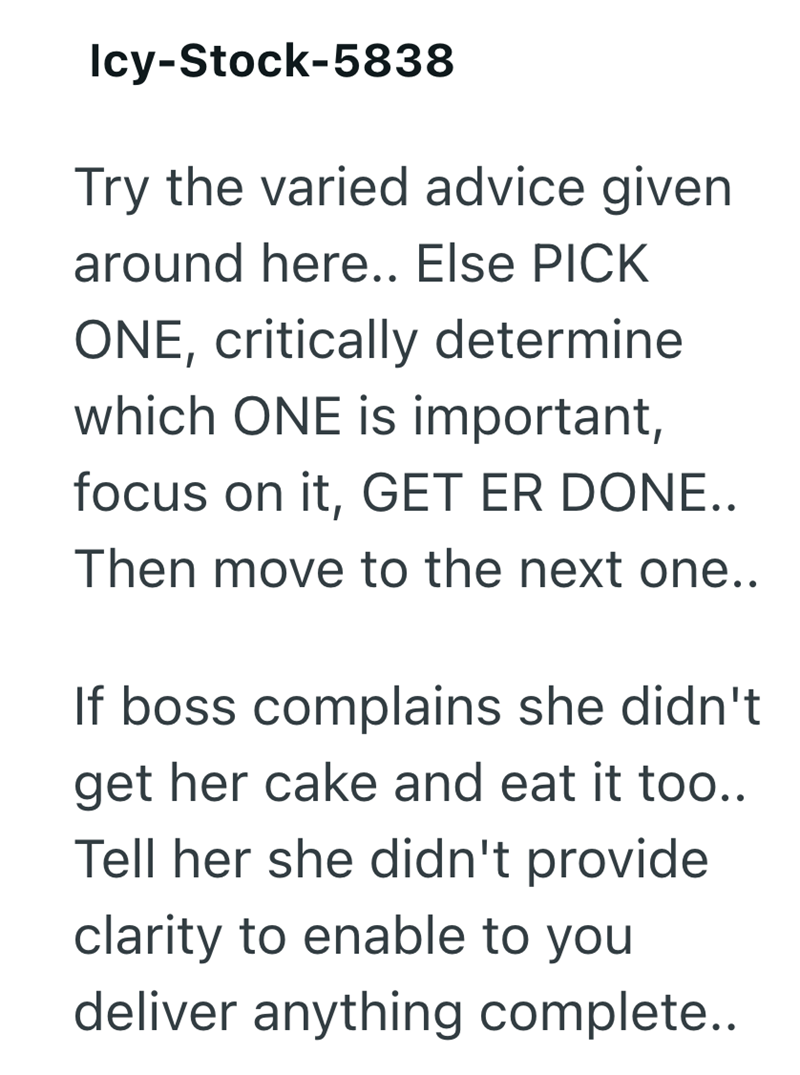 Icy-Stock-5838 Try the varied advice given around here.. Else PICK ONE, critically determine which ONE is important, focus on it, GET ER DONE.. Then move to the next one.. If boss complains she didn't get her cake and eat it too.. Tell her she didn't provide clarity to enable to you deliver anything complete..