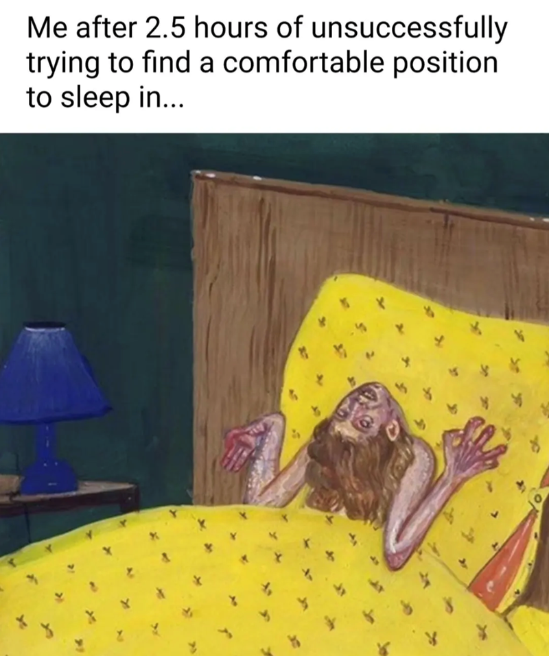 Me after 2.5 hours of unsuccessfully trying to find a comfortable position to sleep in...