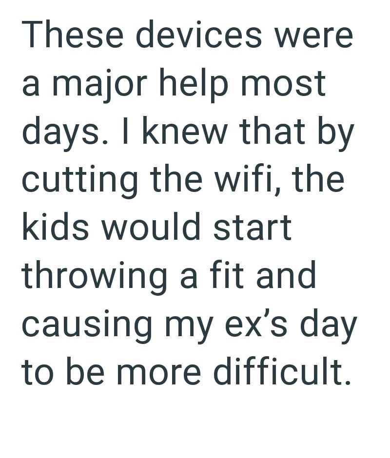 These devices were a major help most days. I knew that by cutting the wifi, the kids would start throwing a fit and causing my ex's day to be more difficult.