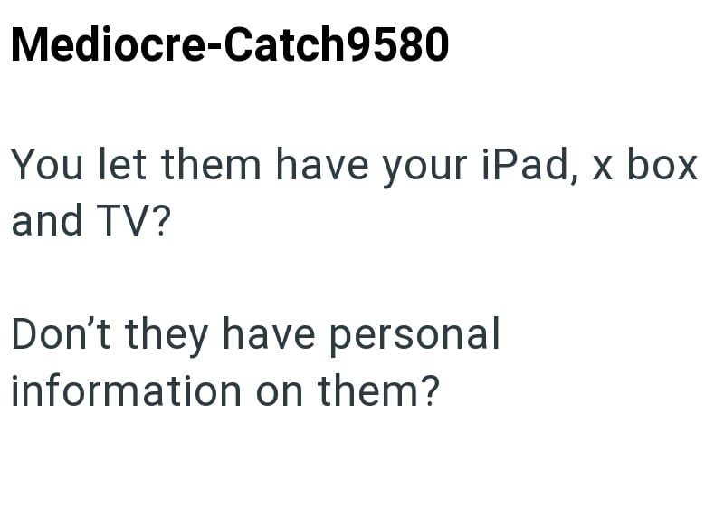 Mediocre-Catch9580 You let them have your iPad, x box and TV? Don't they have personal information on them?