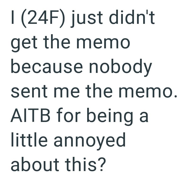 1 (24F) just didn't get the memo because nobody sent me the memo. AITB for being a little annoyed about this?