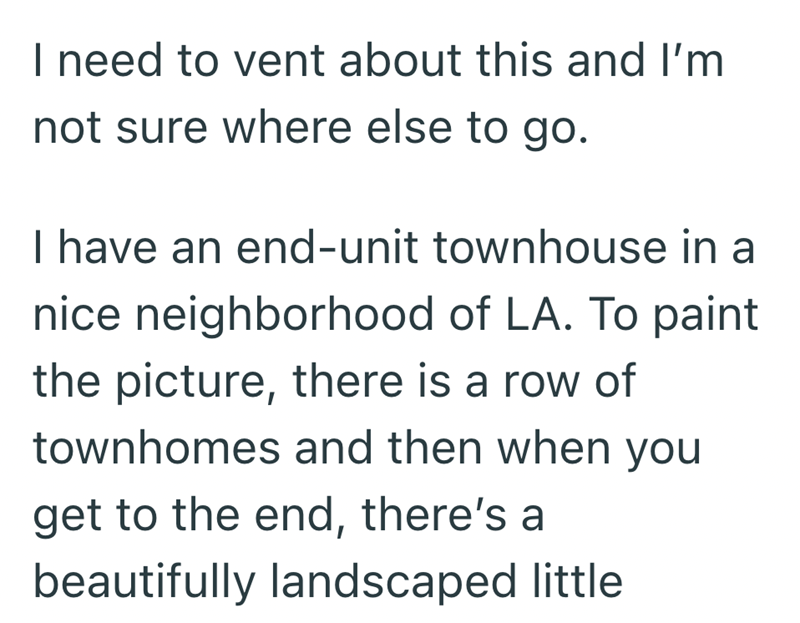 I need to vent about this and I'm not sure where else to go. I have an end-unit townhouse in a nice neighborhood of LA. To paint the picture, there is a row of townhomes and then when you get to the end, there's a beautifully landscaped little