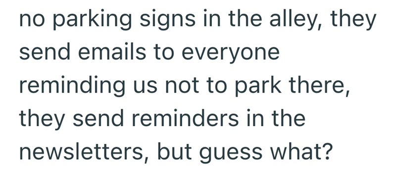 no parking signs in the alley, they send emails to everyone reminding us not to park there, they send reminders in the newsletters, but guess what?