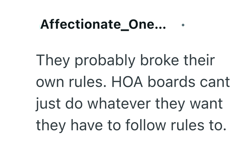 Affectionate_One... They probably broke their own rules. HOA boards cant just do whatever they want they have to follow rules to.