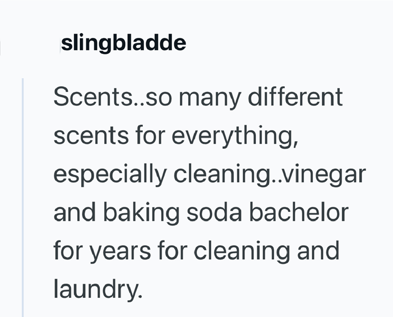 slingbladde Scents..so many different scents for everything, especially cleaning..vinegar and baking soda bachelor for years for cleaning and laundry.