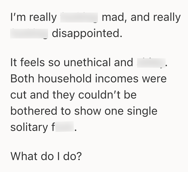I'm really mad, and really disappointed. It feels so unethical and Both household incomes were cut and they couldn't be bothered to show one single solitary f What do I do?