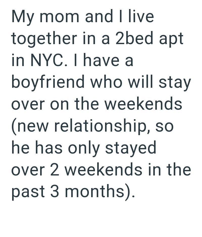 My mom and I live together in a 2bed apt in NYC. I have a boyfriend who will stay over on the weekends (new relationship, so he has only stayed over 2 weekends in the past 3 months).