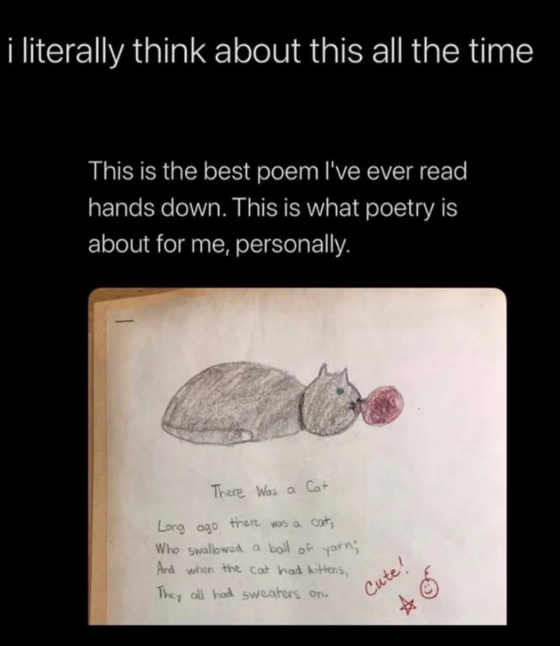 i literally think about this all the time This is the best poem I've ever read hands down. This is what poetry is about for me, personally. There Was a Cat there was a cat, Long ago Who swallowed a ball of yarn; And when the cat had kittens, They all had sweaters on. Cute! A