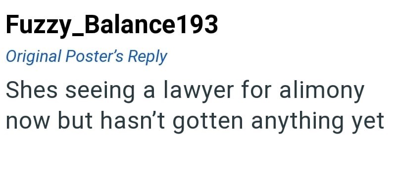 Fuzzy_Balance193 Original Poster's Reply Shes seeing a lawyer for alimony now but hasn't gotten anything yet