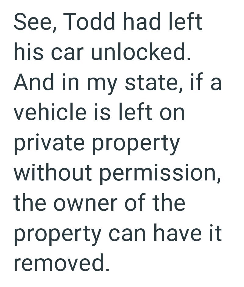 See, Todd had left his car unlocked. And in my state, if a vehicle is left on private property without permission, the owner of the property can have it removed.